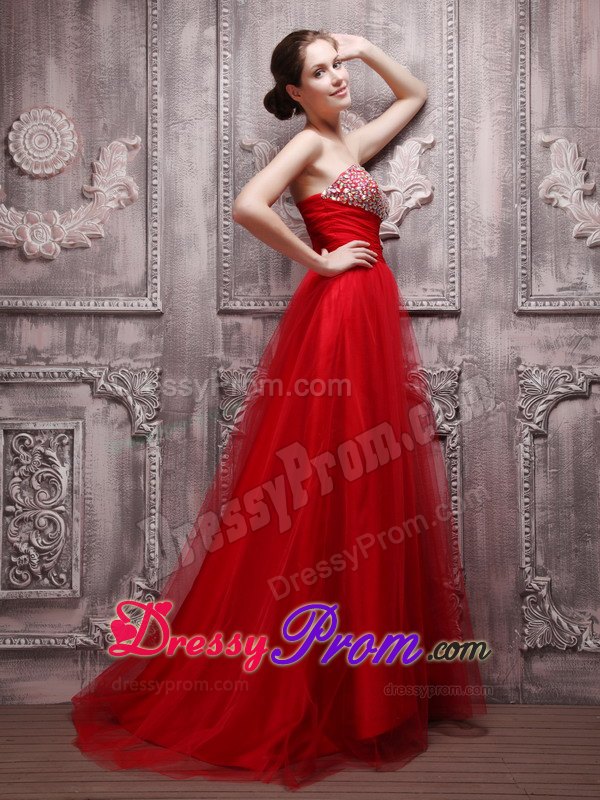 Amazing Red A-Line Sweetheart Brush Train Beading Prom Dress
