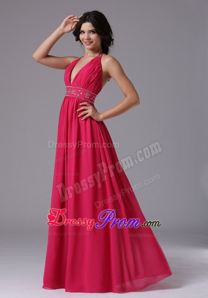 Deep V-neck Coral Red Halter 2013 Prom Dress With Beading and Ruche