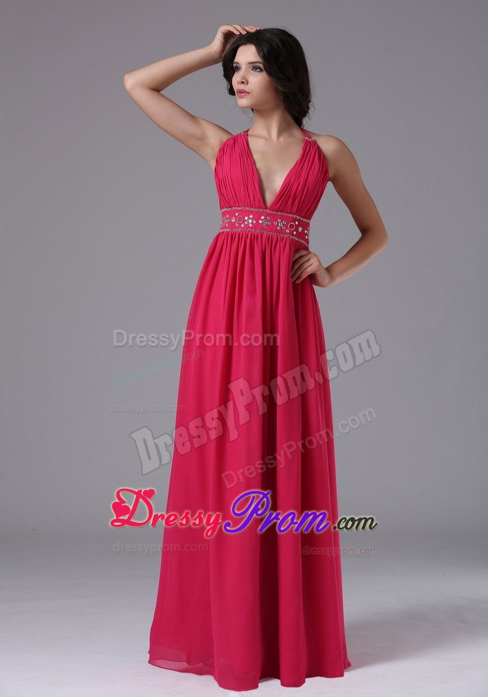 Deep V-neck Coral Red Halter 2013 Prom Dress With Beading and Ruche