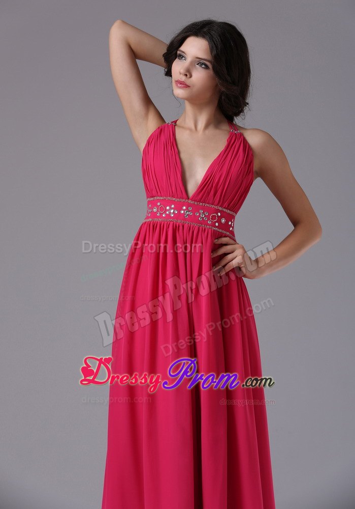Deep V-neck Coral Red Halter 2013 Prom Dress With Beading and Ruche