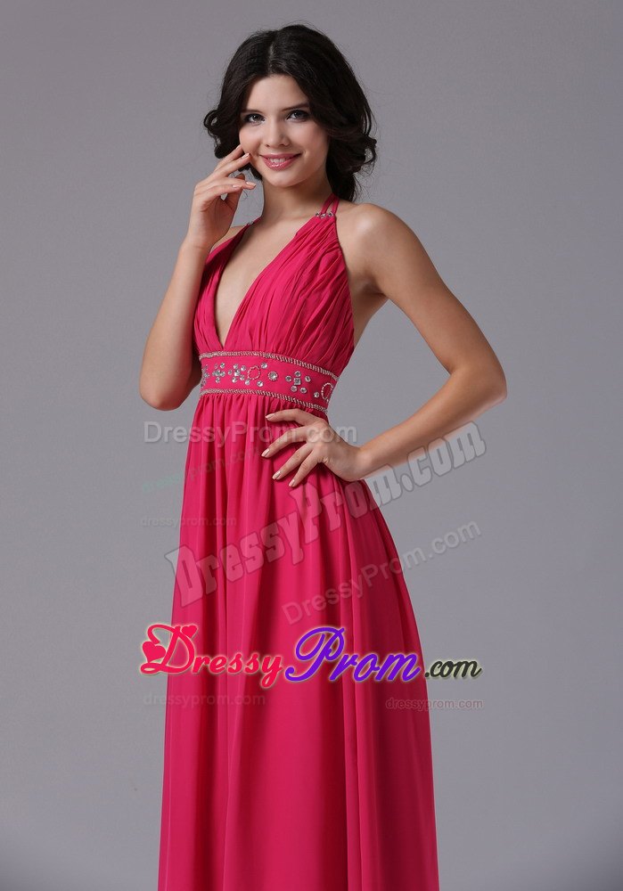Deep V-neck Coral Red Halter 2013 Prom Dress With Beading and Ruche