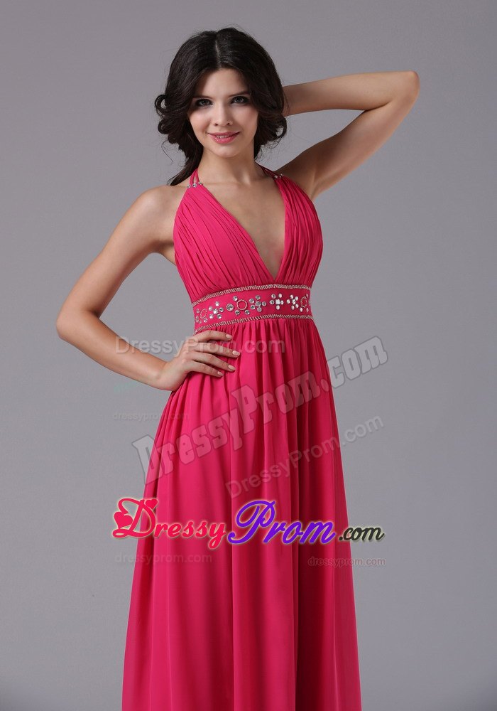 Deep V-neck Coral Red Halter 2013 Prom Dress With Beading and Ruche