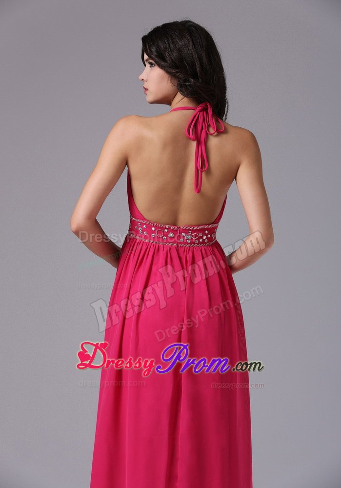 Deep V-neck Coral Red Halter 2013 Prom Dress With Beading and Ruche