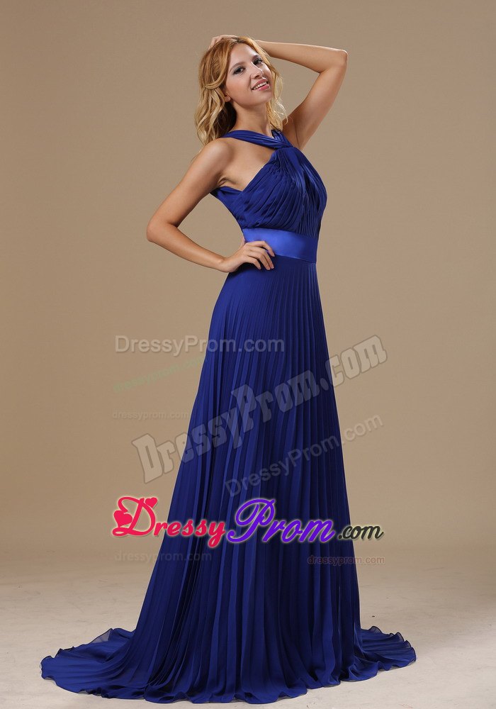 Royal Blue V-neck Sexy Backless Brush Train Pleat 2013 Prom Dress