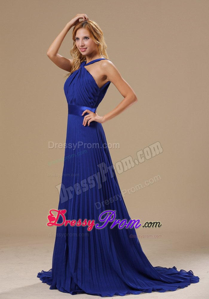 Royal Blue V-neck Sexy Backless Brush Train Pleat 2013 Prom Dress