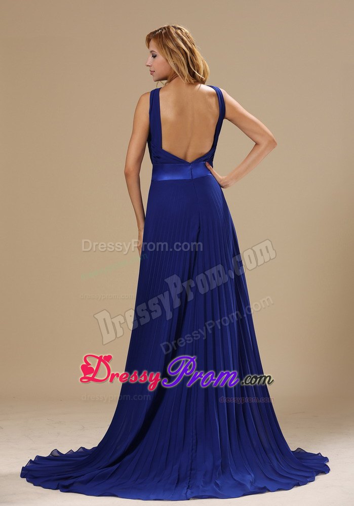 Royal Blue V-neck Sexy Backless Brush Train Pleat 2013 Prom Dress