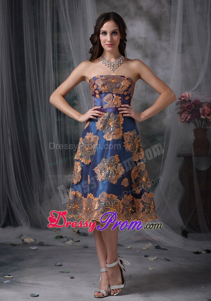 Unique Navy Blue Appliques Prom Dress A-line Strapless Tea-length
