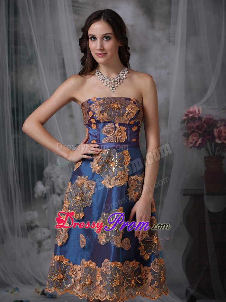 Unique Navy Blue Appliques Prom Dress A-line Strapless Tea-length