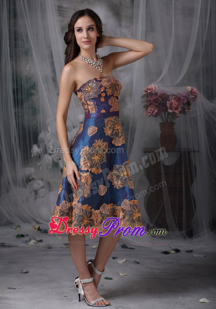 Unique Navy Blue Appliques Prom Dress A-line Strapless Tea-length