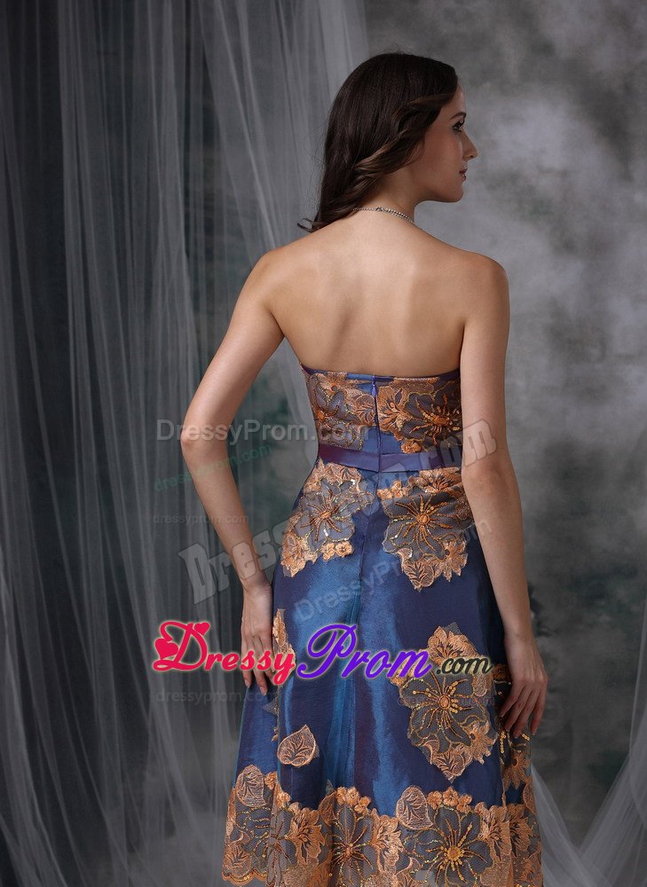 Unique Navy Blue Appliques Prom Dress A-line Strapless Tea-length