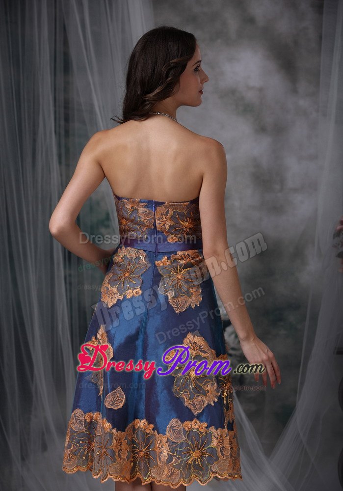 Unique Navy Blue Appliques Prom Dress A-line Strapless Tea-length