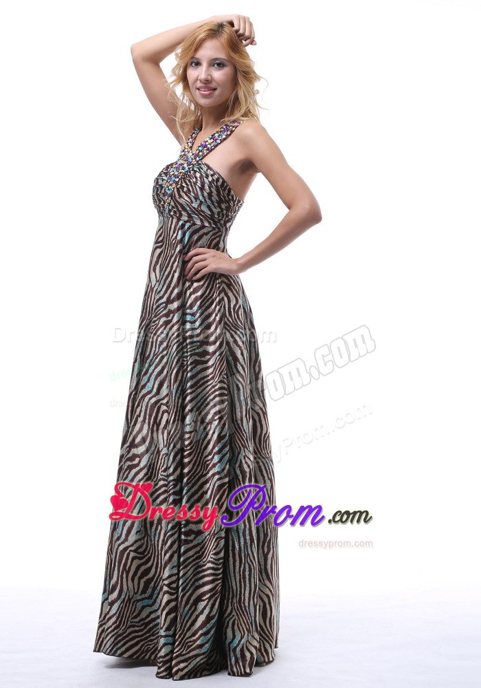 Gorgeous Zebra Beaded Decorate Straps V-neck Floor-length Prom Dress