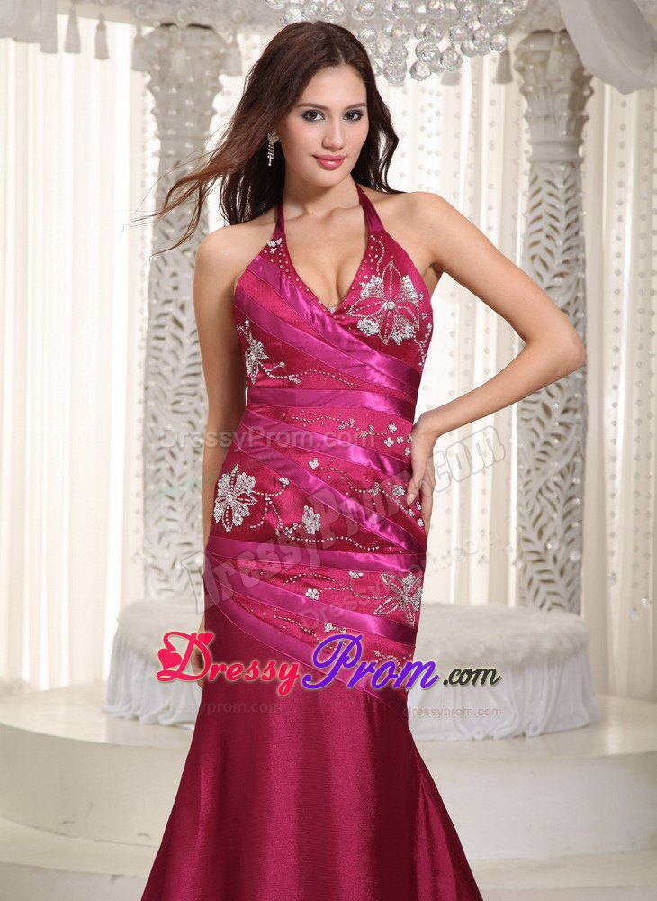 A-line Halter Chapel Train Taffeta Embroidery Fuchsia Prom Dress