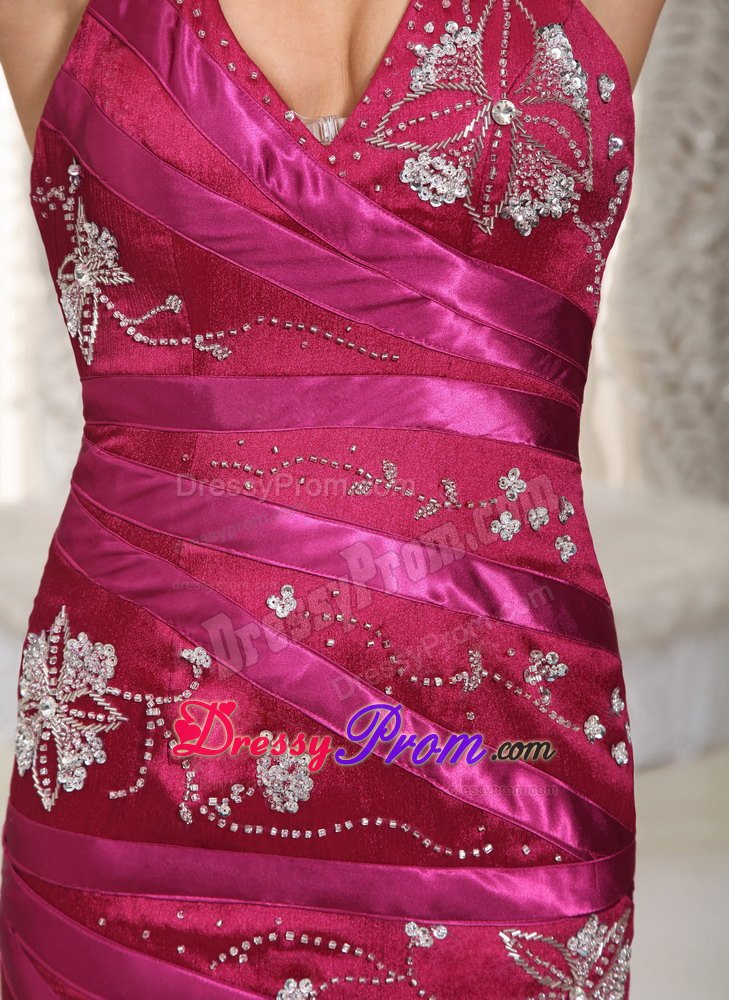 A-line Halter Chapel Train Taffeta Embroidery Fuchsia Prom Dress