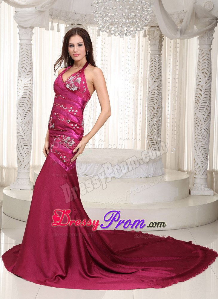A-line Halter Chapel Train Taffeta Embroidery Fuchsia Prom Dress