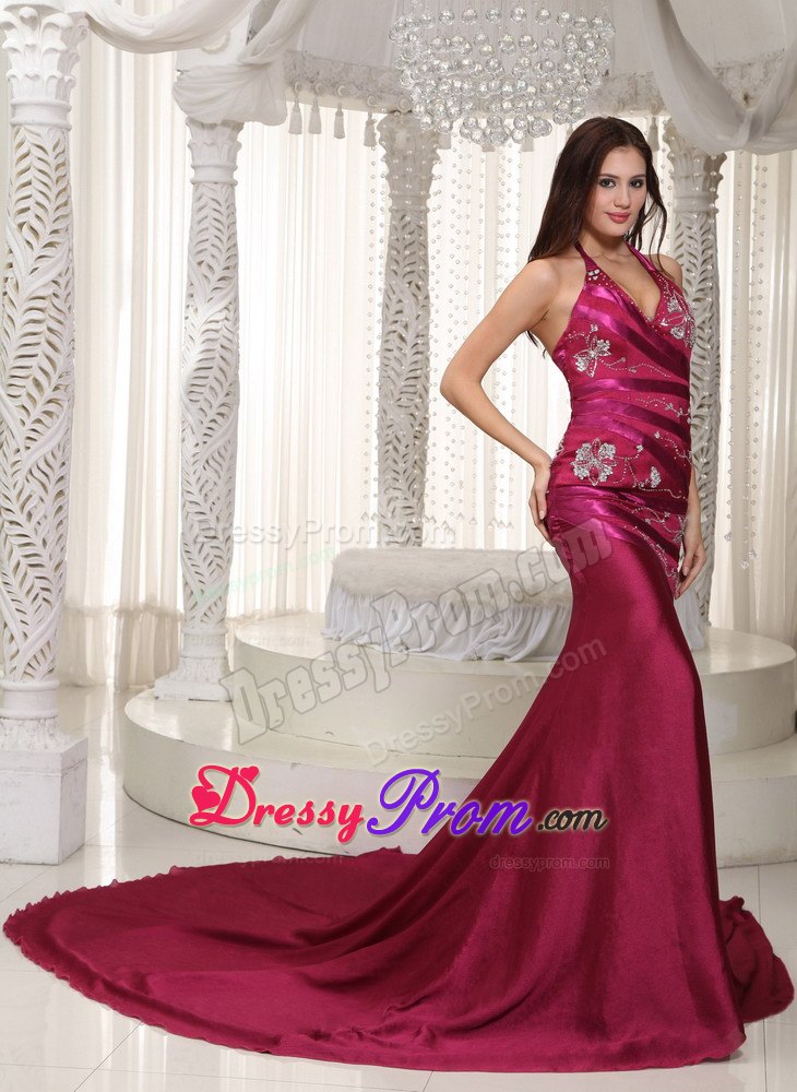 A-line Halter Chapel Train Taffeta Embroidery Fuchsia Prom Dress