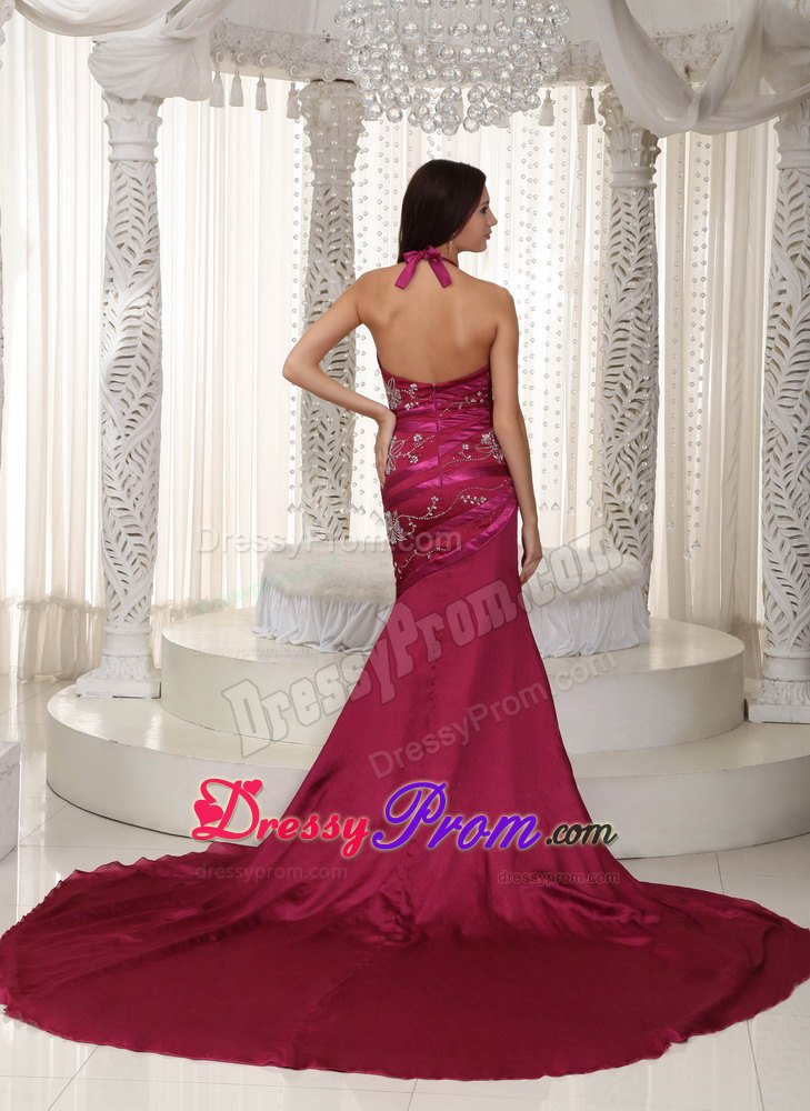 A-line Halter Chapel Train Taffeta Embroidery Fuchsia Prom Dress