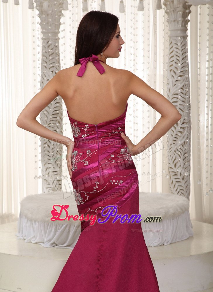 A-line Halter Chapel Train Taffeta Embroidery Fuchsia Prom Dress