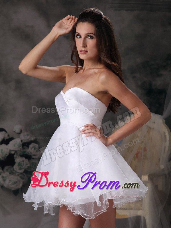Mini-length White Organza Prom Dress with Sweetheart and Crossed Bodice
