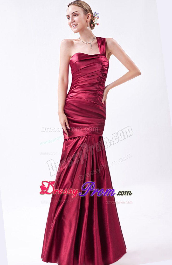 Mermaid One Shoulder Ruched Wine Red Long Dress For Prom Princess