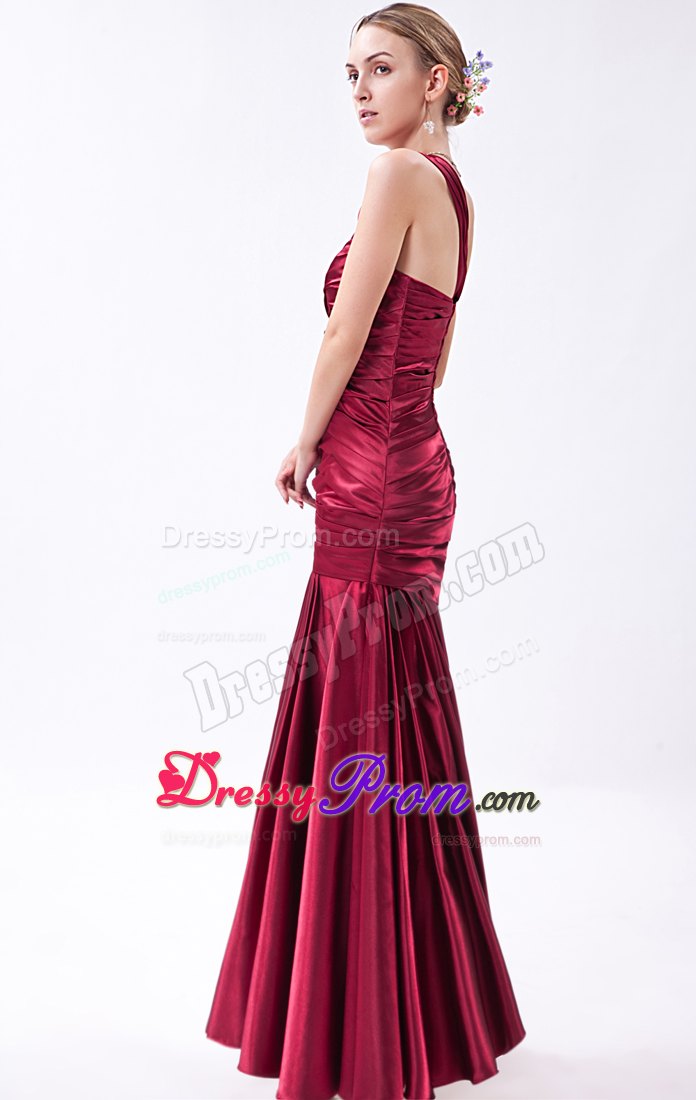 Mermaid One Shoulder Ruched Wine Red Long Dress For Prom Princess