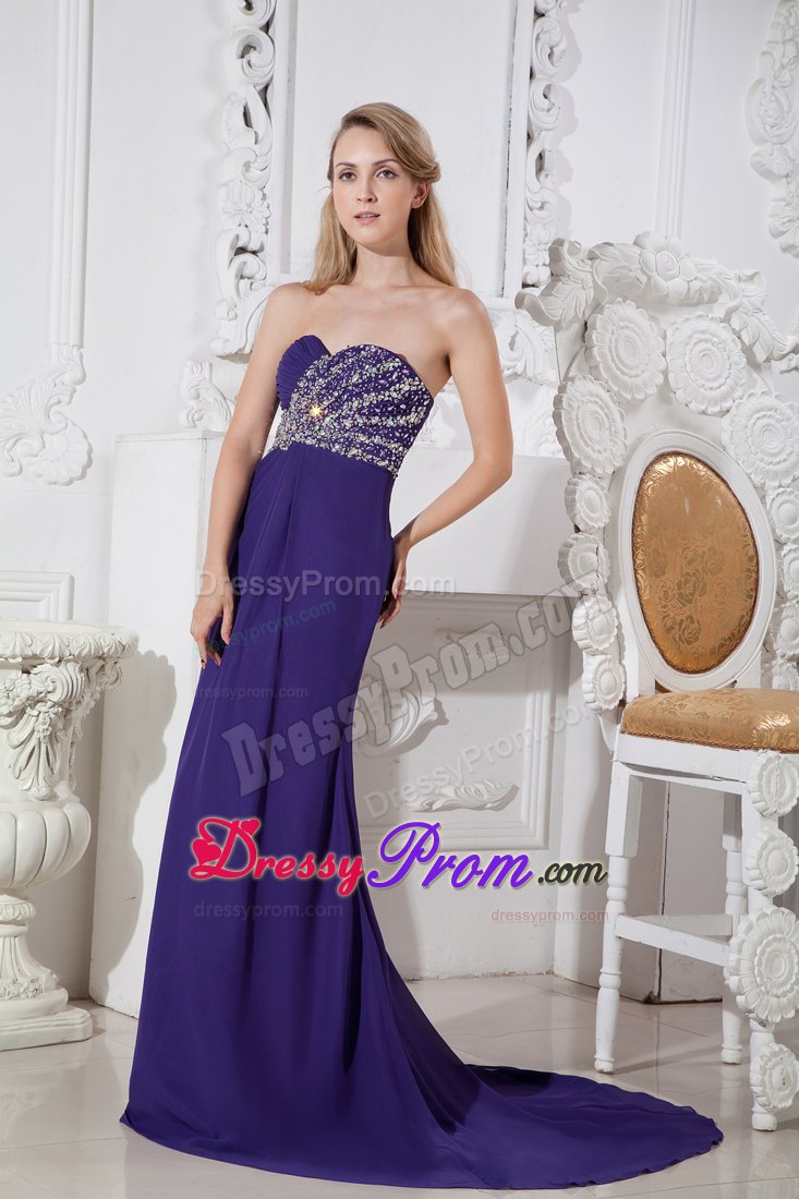Elegant Purple Color Sweetheart Beading Prom Dress Court Train