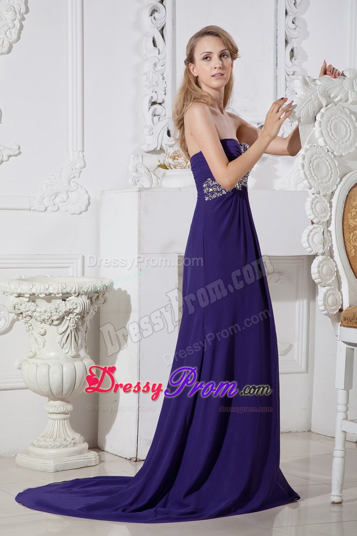 Elegant Purple Color Sweetheart Beading Prom Dress Court Train