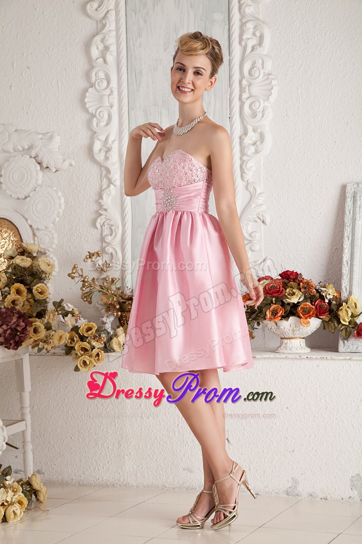 Sweetheart Beading Knee-length Taffeta Short Pink Prom Nightclub Dress