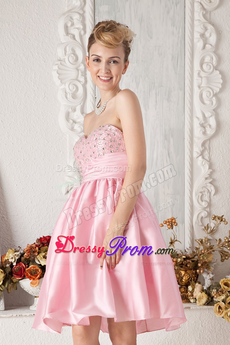 Sweetheart Beading Knee-length Taffeta Short Pink Prom Nightclub Dress