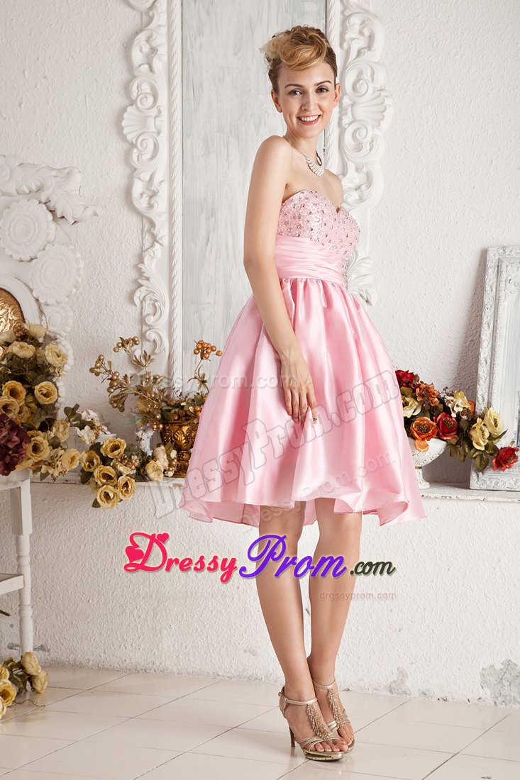 Sweetheart Beading Knee-length Taffeta Short Pink Prom Nightclub Dress