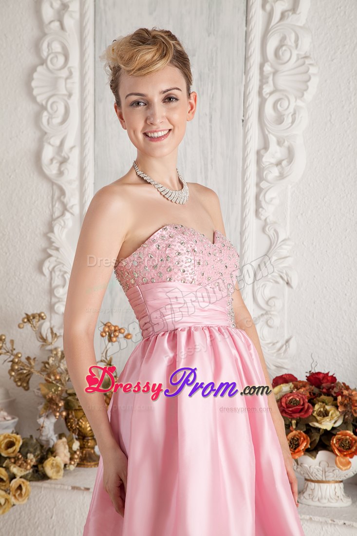 Sweetheart Beading Knee-length Taffeta Short Pink Prom Nightclub Dress