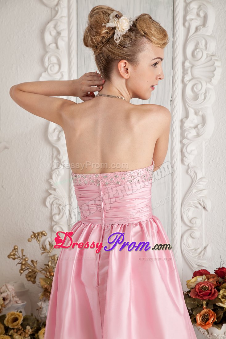 Sweetheart Beading Knee-length Taffeta Short Pink Prom Nightclub Dress