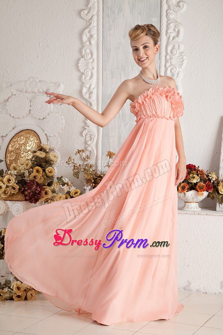 Strapless Watermelon Empire Ruched Chiffon Prom Dress Floor-length