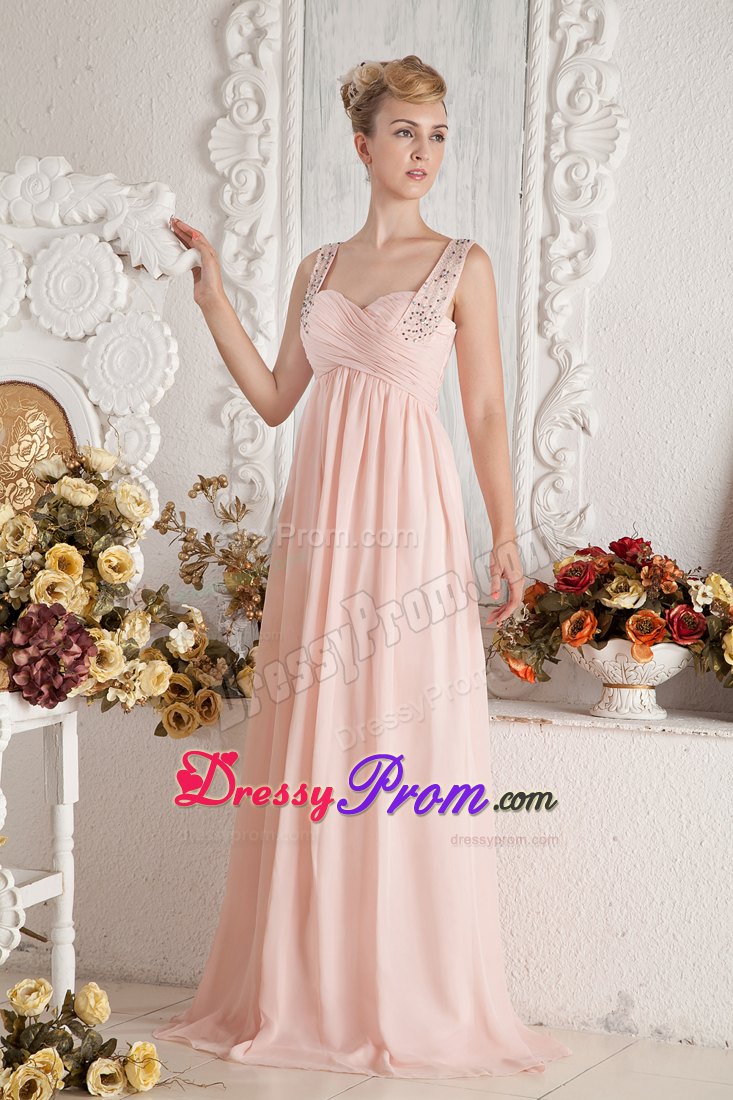Empire Straps Beading and Ruche Baby Pink Prom Dress Brush Train