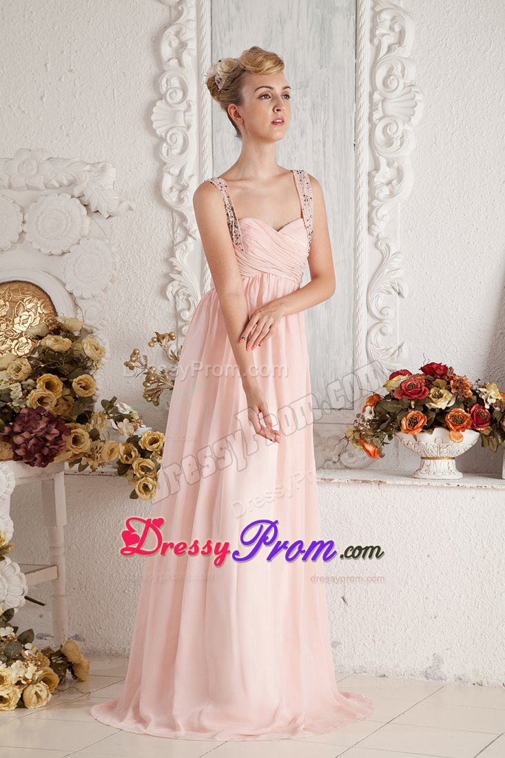Empire Straps Beading and Ruche Baby Pink Prom Dress Brush Train