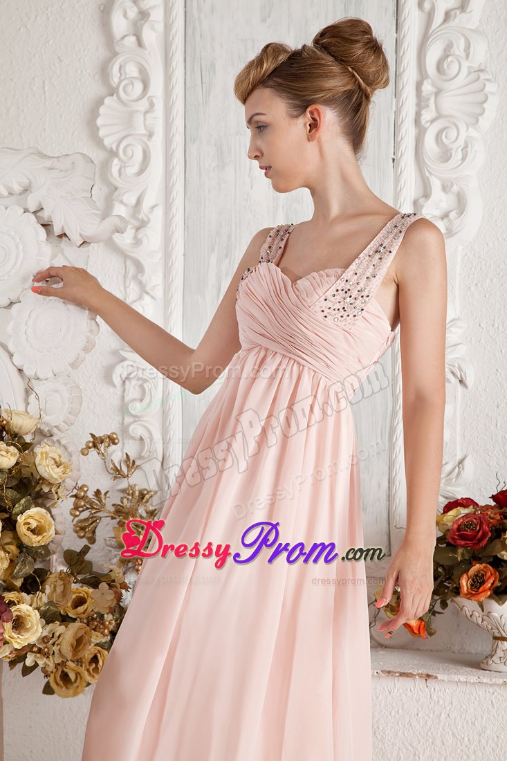 Empire Straps Beading and Ruche Baby Pink Prom Dress Brush Train