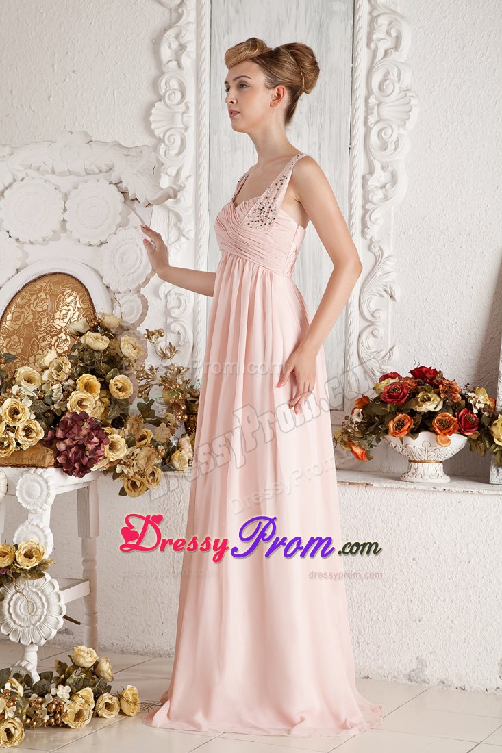 Empire Straps Beading and Ruche Baby Pink Prom Dress Brush Train