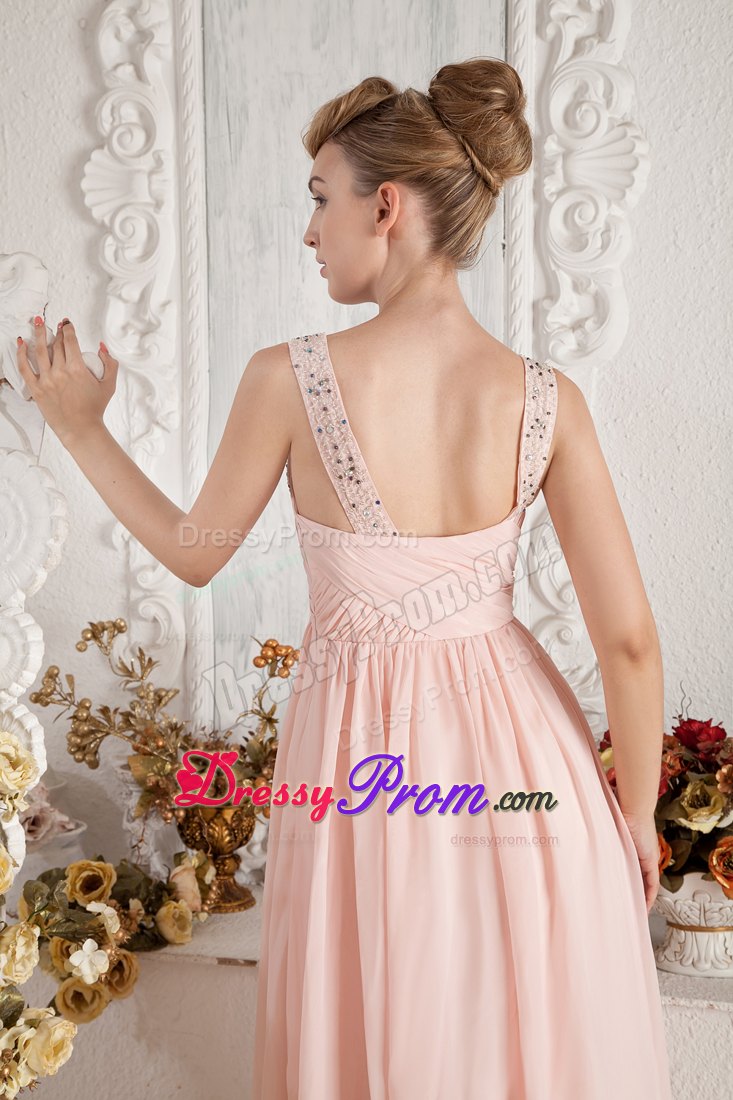 Empire Straps Beading and Ruche Baby Pink Prom Dress Brush Train