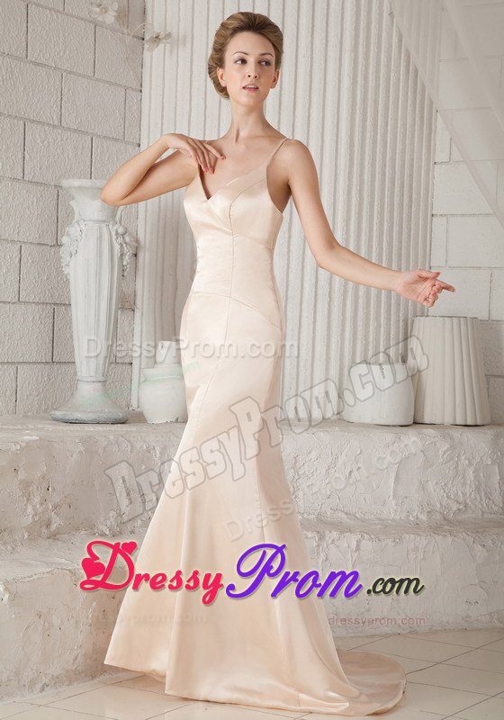 Spaghetti Straps Column Brush Train Elastic Woven Satin Prom Dress