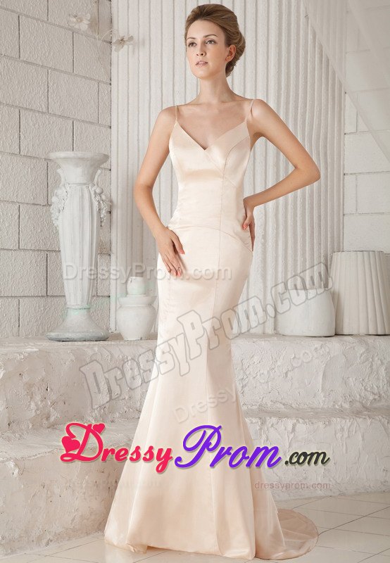 Spaghetti Straps Column Brush Train Elastic Woven Satin Prom Dress