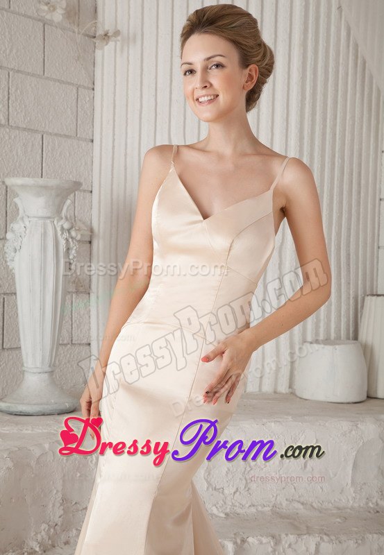 Spaghetti Straps Column Brush Train Elastic Woven Satin Prom Dress
