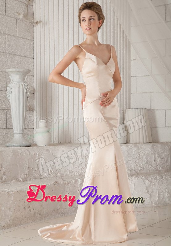 Spaghetti Straps Column Brush Train Elastic Woven Satin Prom Dress