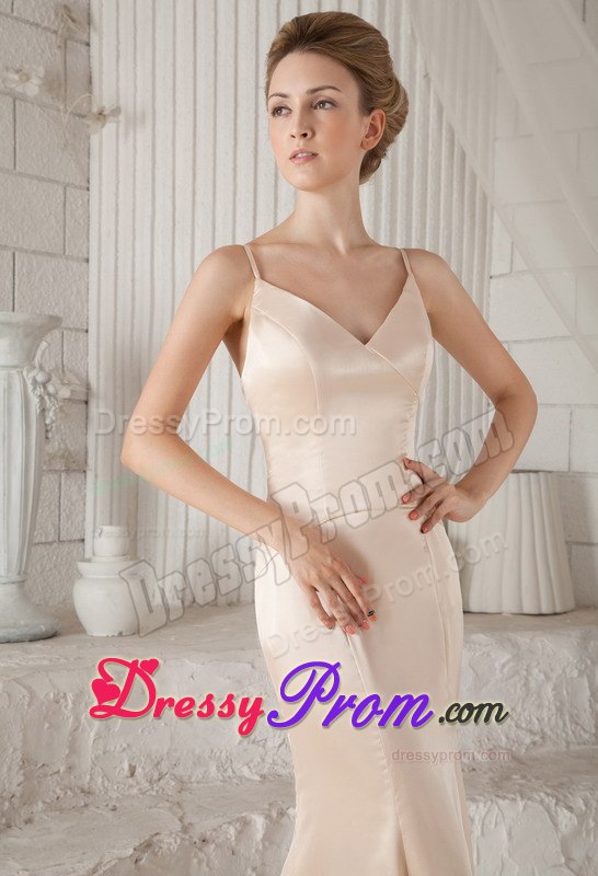 Spaghetti Straps Column Brush Train Elastic Woven Satin Prom Dress