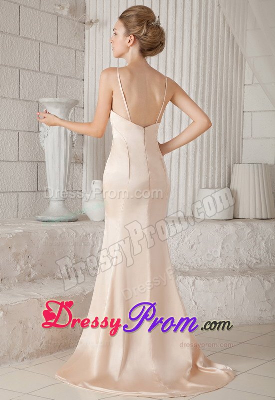 Spaghetti Straps Column Brush Train Elastic Woven Satin Prom Dress