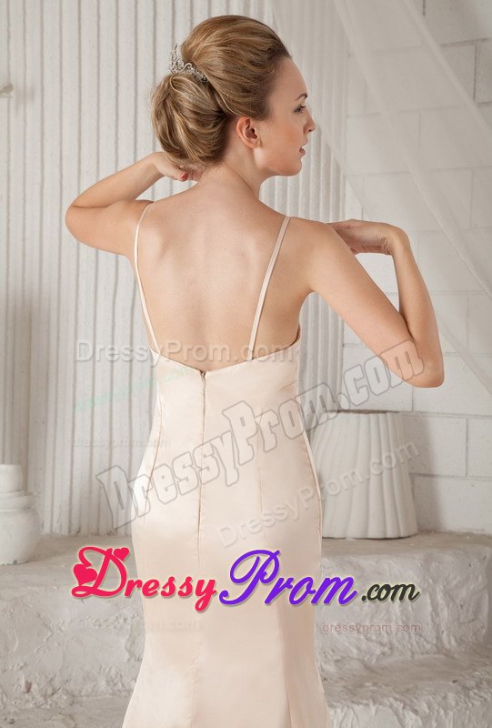 Spaghetti Straps Column Brush Train Elastic Woven Satin Prom Dress