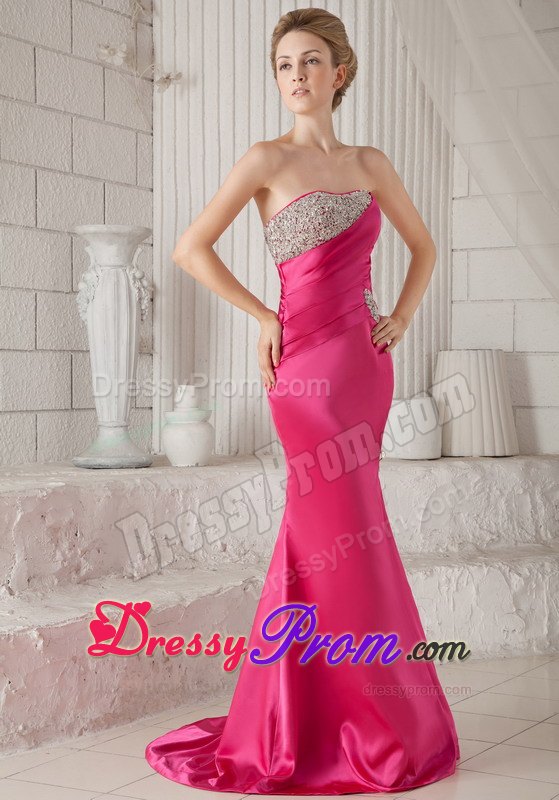 Wonderful Hot Pink Mermaid Strapless Brush Train Beading Prom Dress