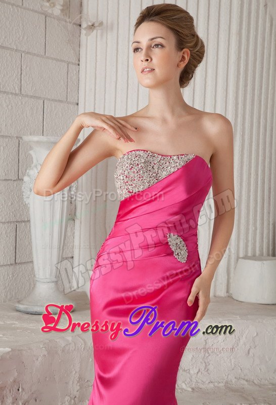 Wonderful Hot Pink Mermaid Strapless Brush Train Beading Prom Dress