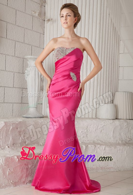 Wonderful Hot Pink Mermaid Strapless Brush Train Beading Prom Dress
