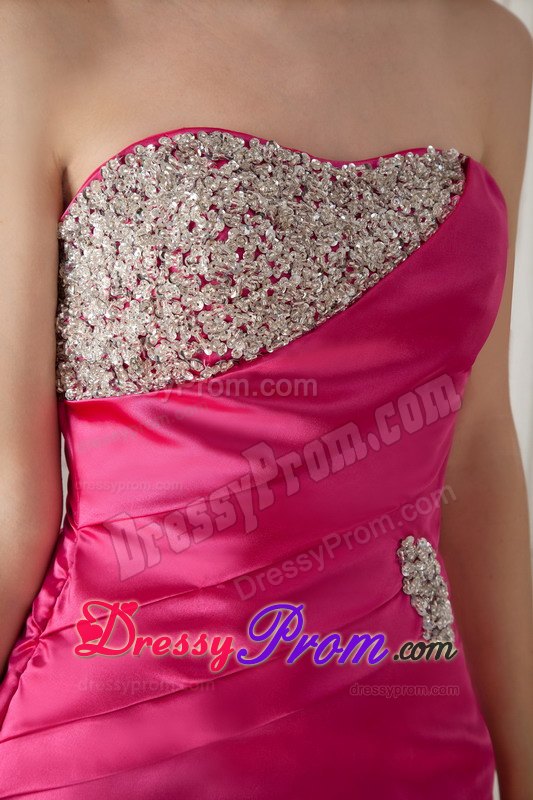 Wonderful Hot Pink Mermaid Strapless Brush Train Beading Prom Dress