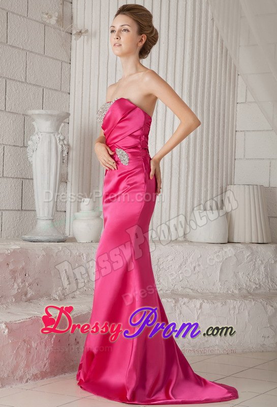 Wonderful Hot Pink Mermaid Strapless Brush Train Beading Prom Dress
